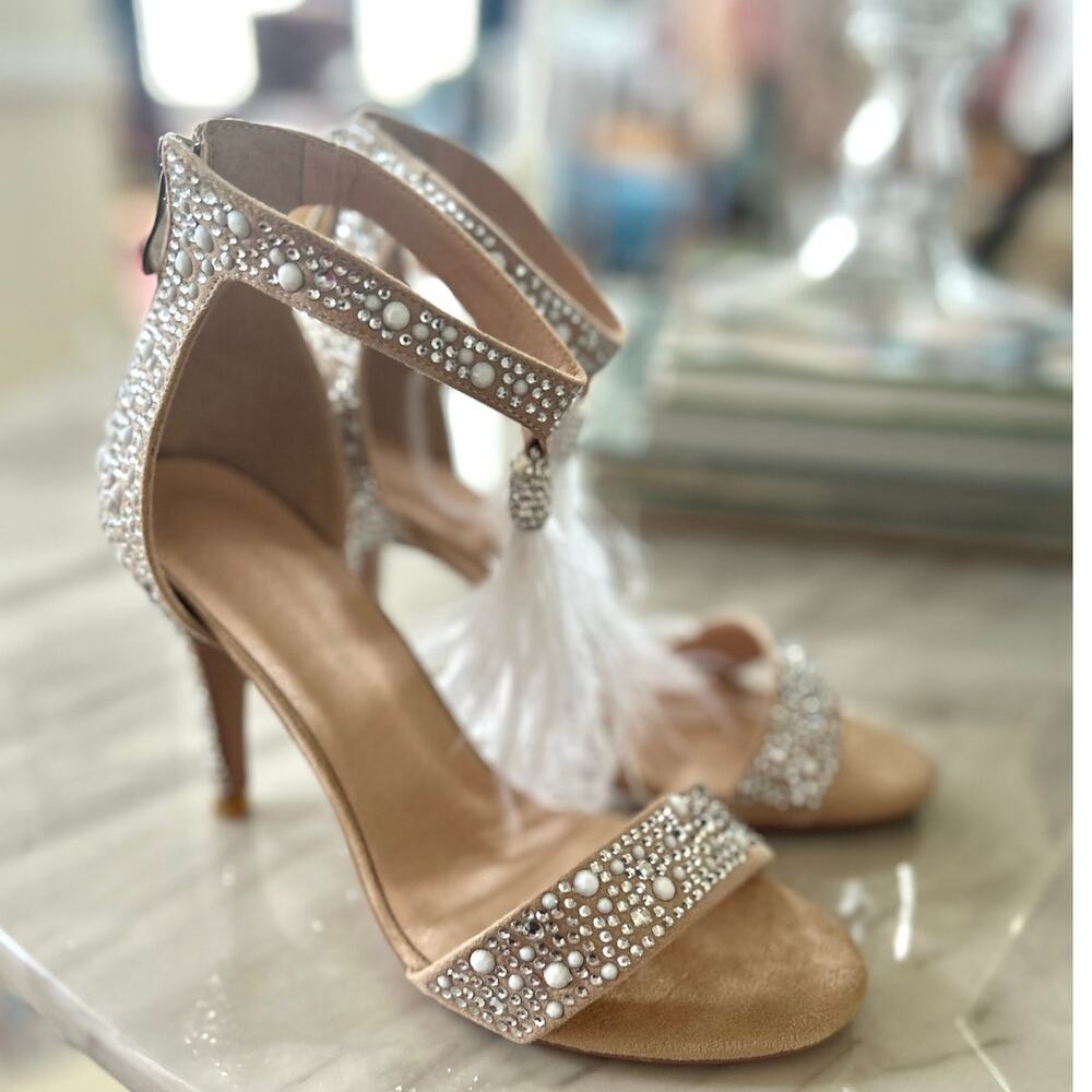 Nude & Crystal White Feather Tassel Ankle Strap Stiletto Sandal Heel Bridal